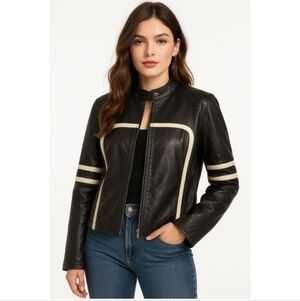 Women's Black and Cream Leather Jacket
